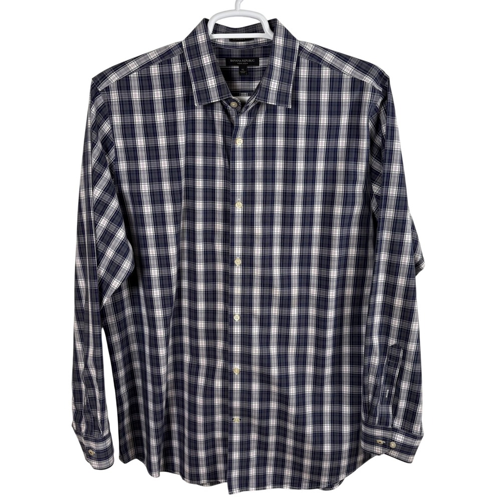 Banana Republic Button Down Shirt Men's XL Navy Plaid Camden Non-Iron Preppy